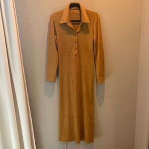 Classic Long-Sleeve Collared Faux Suede Dress in Camel